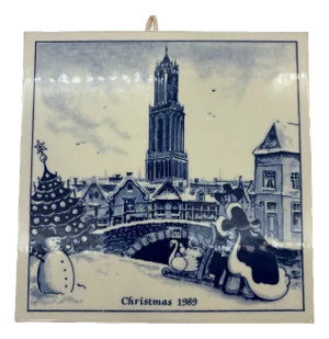 First Edition Delft Christmas 1989 Blue and White Decorative Tile Plate Art