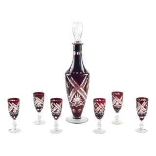 Vintage Bohemian Bottle with Glasses, Early 20th Century, Set of 7 For Sale