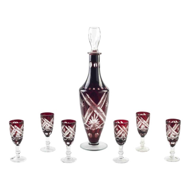 Vintage Bohemian Bottle with Glasses, Early 20th Century, Set of 7 For Sale