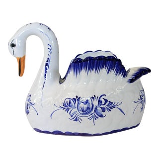Blue & White Ceramic Swan Planter For Sale