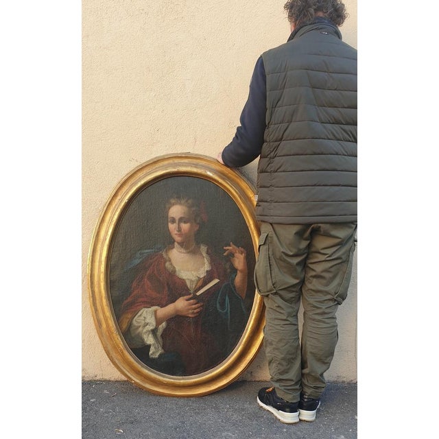 Oval Portrait of Lady with a Fan, 18th Century, Oil on Canvas, Framed For Sale - Image 15 of 17