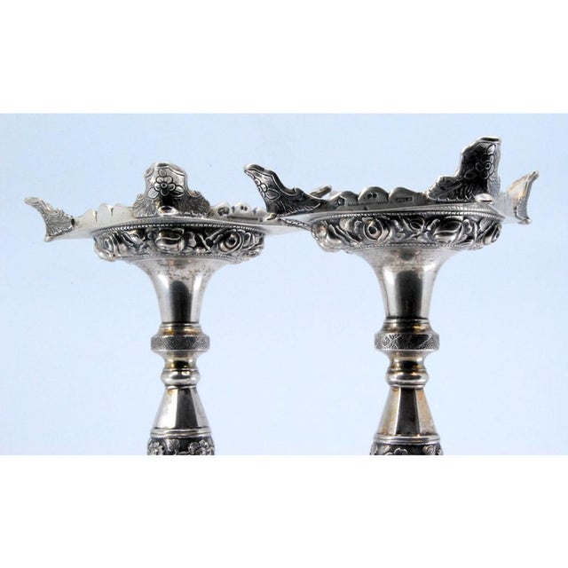 Silver Candlesticks with Turned Stems and Embossed Floral Motifs, Set of 2 For Sale - Image 5 of 12