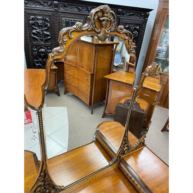 Brown Antique 1930's Bedroom Mirrored Vanity, Hand Carved Walnut, Burl Inlay, Beveled Glass, Curved Cabinets For Sale - Image 8 of 13