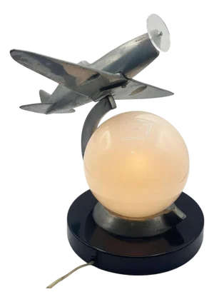 1980s Art Deco Machined Age Aluminum Fighter Airplane Table Lamp by Sarsaparilla
