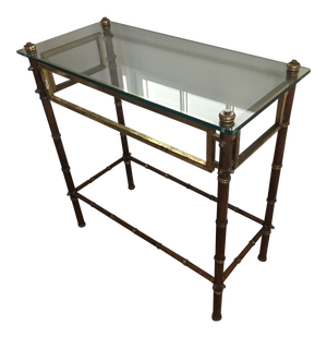 French Faux Bamboo and Brass Console Table With Glass Top