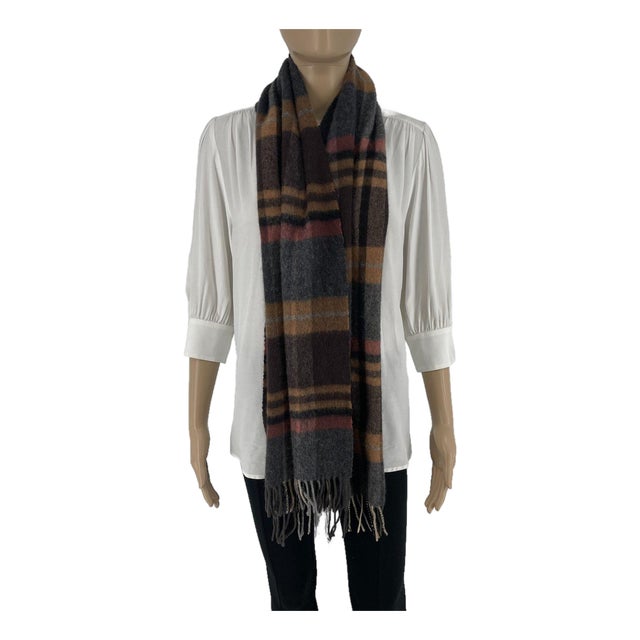 Late 20th Century Barbour Brown Plaid 100% Wool Scarf For Sale