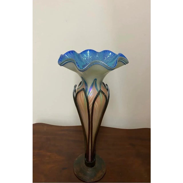 Tiffany and Co. Antique Tiffany Style Glass Vase Incased in Bronze For Sale - Image 4 of 7