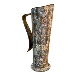 Vintage Mexican Brass and Inlaid Abalone Shell Pitcher Mexico For Sale