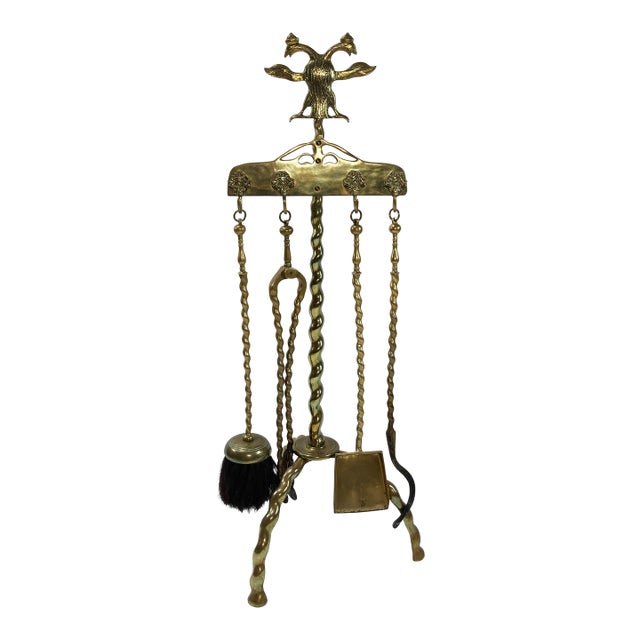 Antique Two Headed Phoenix Brass Fireplace Tools on Stand For Sale