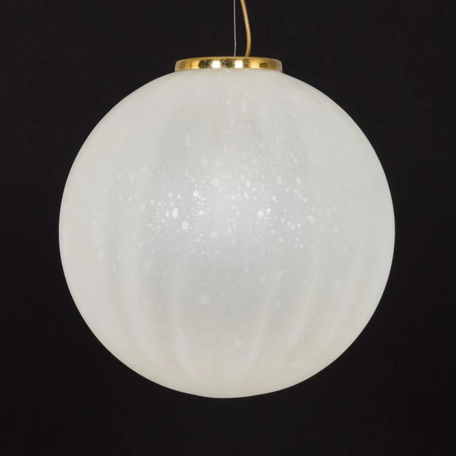 Mid-Century Modern Extra Large Italian Murano Glass Hand Blown Frosted Drop Pendant with Brass Details, 1970s For Sale - Image 3 of 12