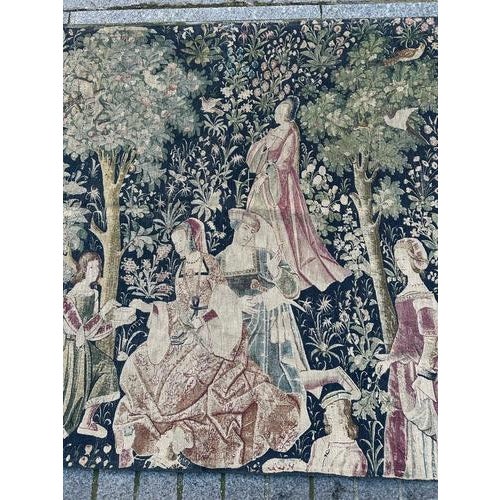 Nice vintage French hand printed tapestry with beautiful medieval design and beautiful colors. Discover a stunning...