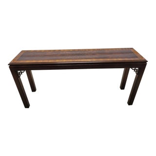 1970s Vintage Drexel Heritage Mahogany Burlwood Chippendale Style Console Table For Sale
