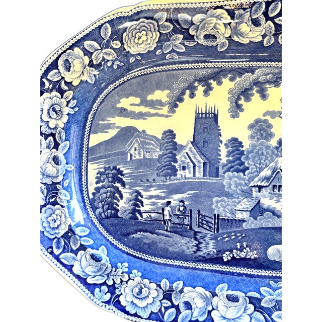 Early 19th C. Blue and White Staffordshire Transferware Meat Drainer With Platter in "Village Church" Pattern - a Pair For Sale - Image 13 of 14