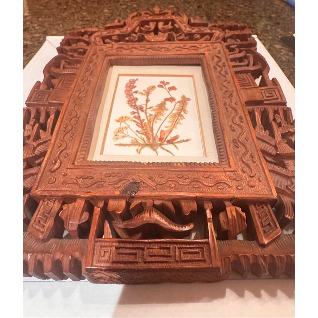 Antique Chinese Hand-Carved Wooden Frame With Carved Figures in Frame and Pressed Flowers. For Sale - Image 9 of 12