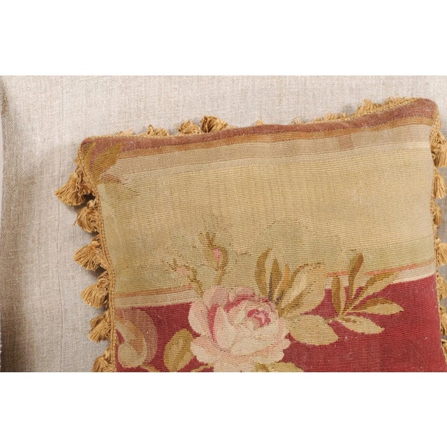 French 19th Century Aubusson Tapestry Pillow with Rose, Foliage and Tassels For Sale In Atlanta - Image 6 of 13