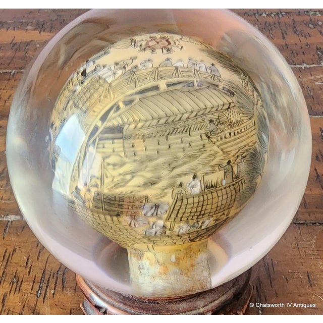 Vintage Chinese Reverse Interior Painted Glass Paperweight Sphere on Wood Base, C1950s For Sale In New York - Image 6 of 11