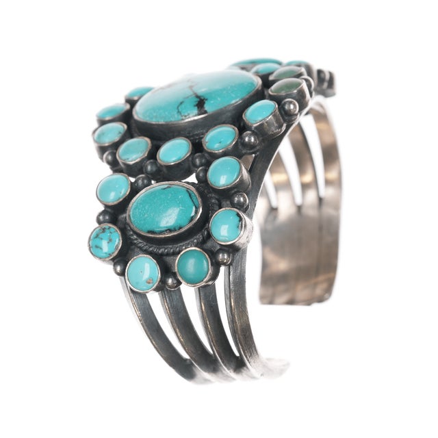 6.5" Db Heavy Native American Sterling Turquoise Cluster Cuff Bracelet For Sale In Austin - Image 6 of 11