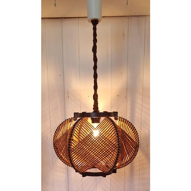 Textile Vintage Ceiling Lamp with Brown Plastic Skeleton and Brown Rope Wrapping, 1970s For Sale - Image 7 of 7