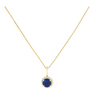 10K Yellow Gold Blue Sapphire and 1/10 Cttw Diamond Accent Halo Pendant Necklace For Sale