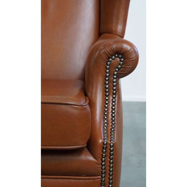 English Cognac-Colored Cowhide Wing Chair For Sale - Image 10 of 14