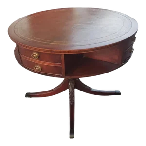 Banded Leather Stenciled Top Double Drum 4-Drawer Mahogany Center Table, C 1940s