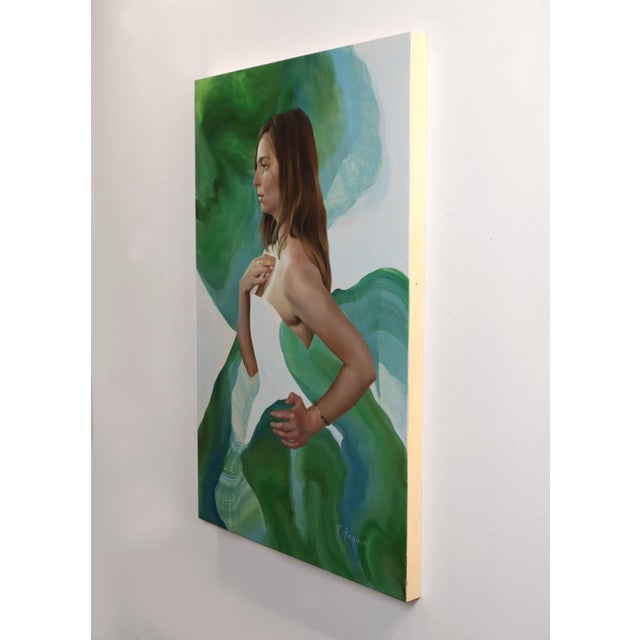 Contemporary Tidal Pool by Robyn Asquini | Oil on wood panel Portrait of a woman with green abstract background. For Sale - Image 3 of 3