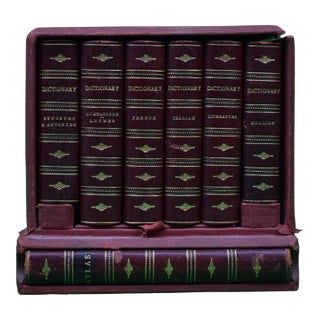 Early 20th Century Gold-Tooled Leather Bound Miniature Dictionaries and Matching Atlas- Set of 6 For Sale