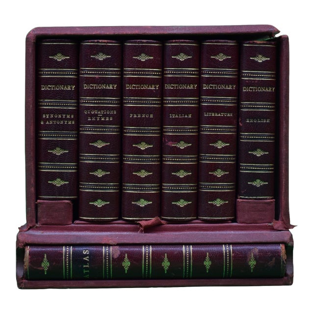Early 20th Century Gold-Tooled Leather Bound Miniature Dictionaries and Matching Atlas- Set of 6 For Sale