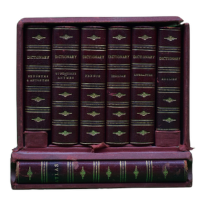 Early 20th Century Gold-Tooled Leather Bound Miniature Dictionaries and Matching Atlas- Set of 6