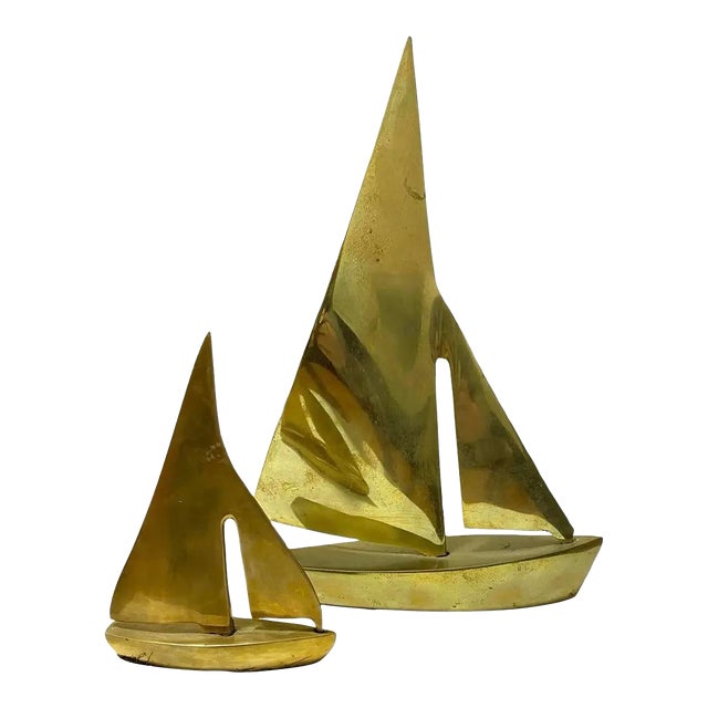 Vintage Brass Modernist Sailboat Sculptures, Graduated Pair For Sale