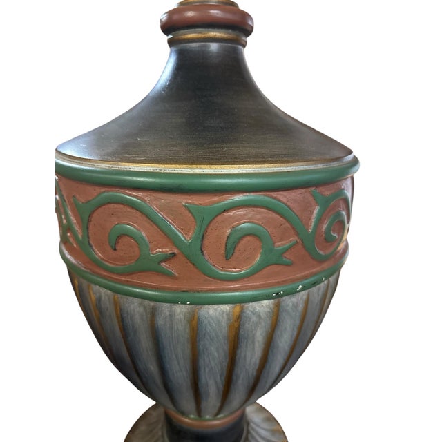 Large Hand-Painted Neoclassical Urn Table Lamp With Green & Terracotta Scrollwork For Sale - Image 4 of 5