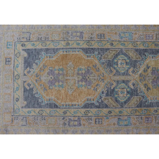 Early 21st Century Turkish Oushak Runner in Pale Blue and Soft Gold Medallion Design 2'7 X 12'1 For Sale - Image 5 of 11