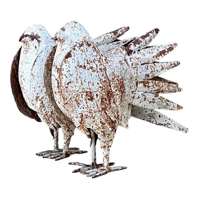 Vintage Distressed Punch Cut Metal Birds - A Pair For Sale