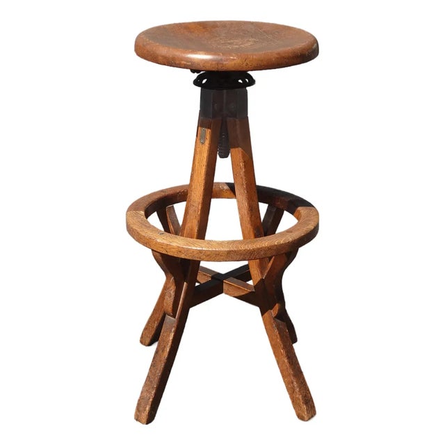 Antique Industrial Adjustable Swivel Oak Drafting Stool Barstool 1of3 ~ # 2 For Sale