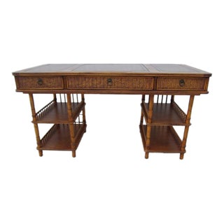 1980s Tommy Bahama Style Bamboo Rattan Leather Inserts Writing Desk For Sale