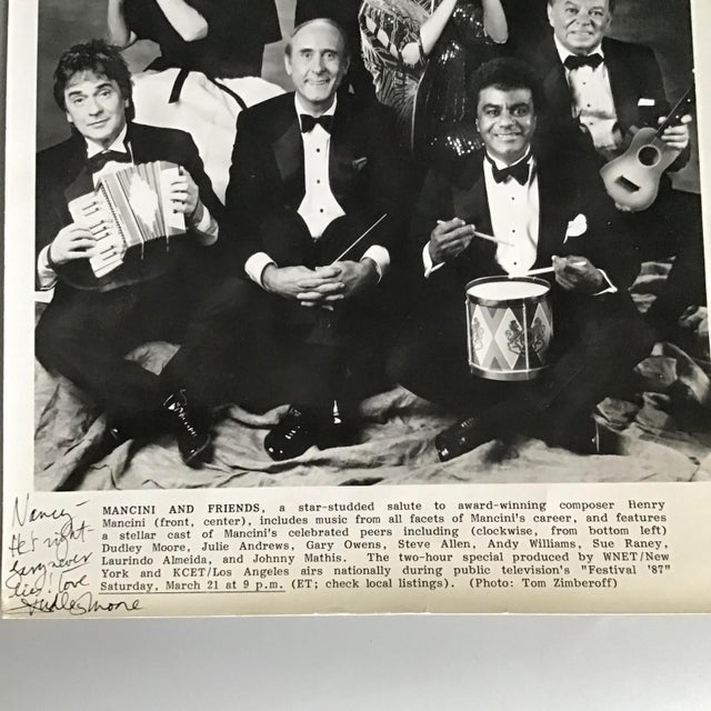 Hollywood Regency “Friends of Mancini” Signed Photograph by Dudley Moore Tribute to Henry Mancini 1987 For Sale - Image 3 of 11