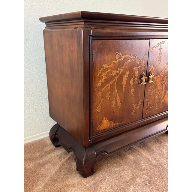 Wood 1970’s Asian Inspired Console Cabinet by Broyhill. Walnut With Decorative Brass Hardware. For Sale - Image 7 of 11