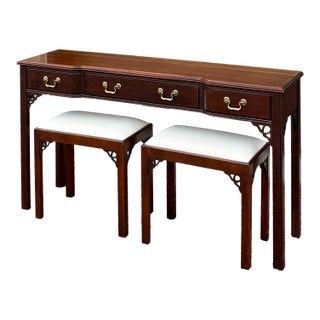 Vintage Tradition House Chippendale Solid Cherry 3 Drawer Console Table Set With Pair of Benches or Stools - 3 Pieces For Sale