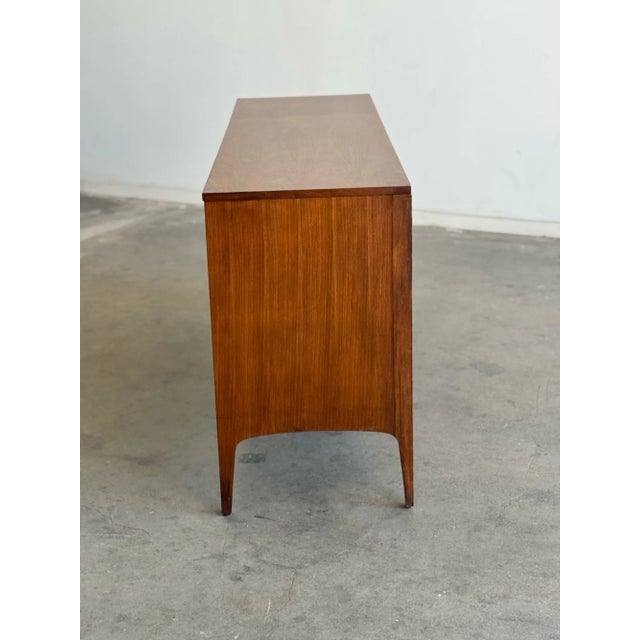 W63 D18.25 H31 Fully restored vintage 1950s mid century credenza with original recessed aged hardware. Three smooth...