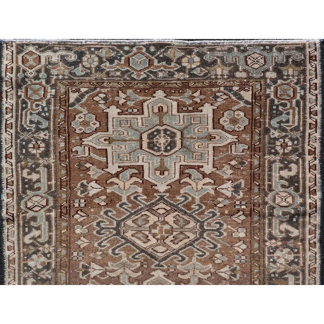 Antique Persian Heriz Rug With Geometric Medallion Design in Mocha, Blue, & Tan For Sale In Atlanta - Image 6 of 12
