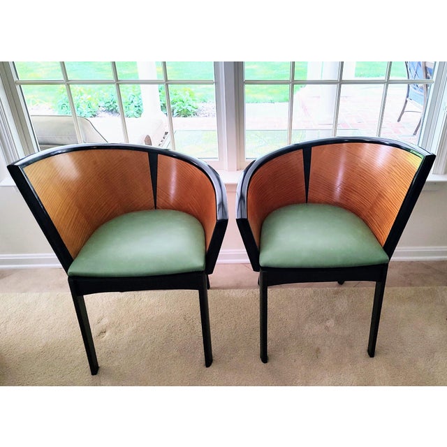 This lovely pair of barrel chairs, known as the Sinistra chairs, was designed by Paul Haigh in the late 1980’s. The...