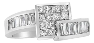 14K White Gold 1 1/2 Cttw Invisible-Set Princess and Channel-Set Baguette Diamond Geometric Bypass Ring Band (G-H Color, SI2-I1 Clarity) - Ring Size 7