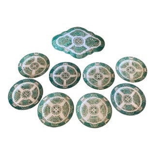 Set of Eight Green Fitzhugh Porcelain Butter Plates Along With a Serving Dish For Sale