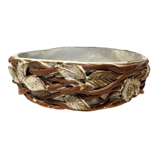 Vintage Studio Pottery Catchall Bowl With Twigs and Leaves For Sale