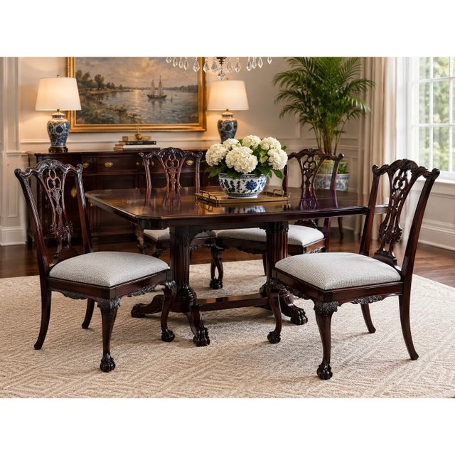 An elegant set of four vintage Maitland-Smith dining chairs, beautifully crafted in the Chippendale style and...