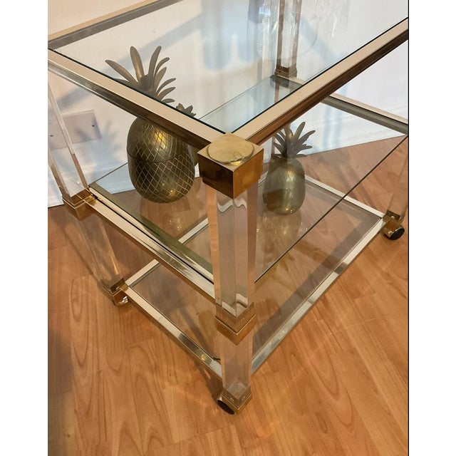 Mid-Century Modern Art Deco Bar Trolley in Gold and Glass by Pierre Vandel, 1970s For Sale - Image 3 of 18