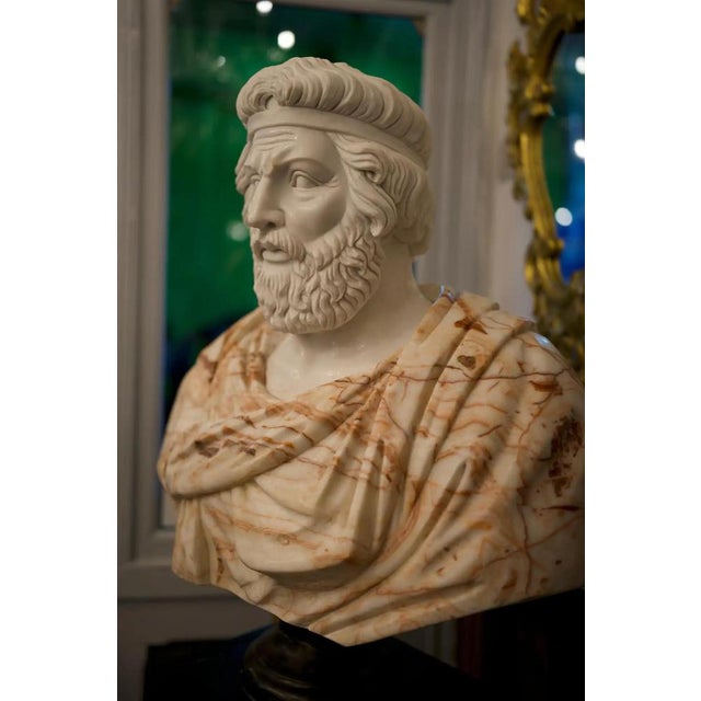 Hand-Carved Bust of Roman Man, 20th Century, White Carrara and Red Alicante Marble For Sale - Image 6 of 10