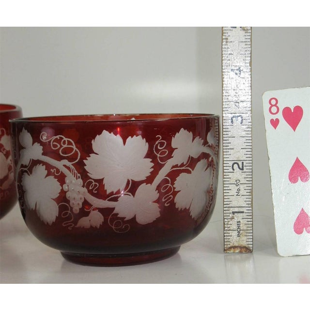 Glass Antique Bowls Ruby Bohemian Glass Red Flashed Engraved Copper Wheel Grape Leaf - Set of 4 For Sale - Image 7 of 12