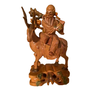 1970s Asian Wood Carving Immortal Shouxing on a Deer