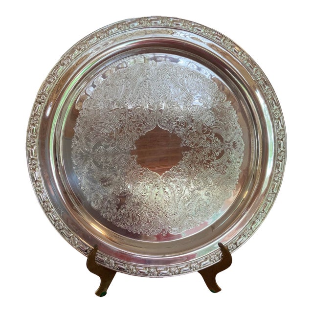 Vintage Oneida Silverplate 12.5” Round Serving Tray. Vintage Barware, Bar Cart, Cottage Core & Palm Beach Regency - See Pics! For Sale